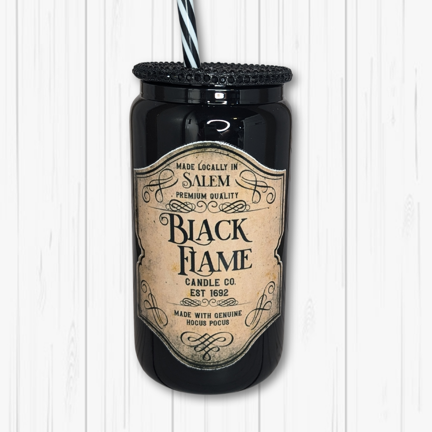 16oz Glass Black Flame Candle Halloween Tumbler With Rhinestone Lid