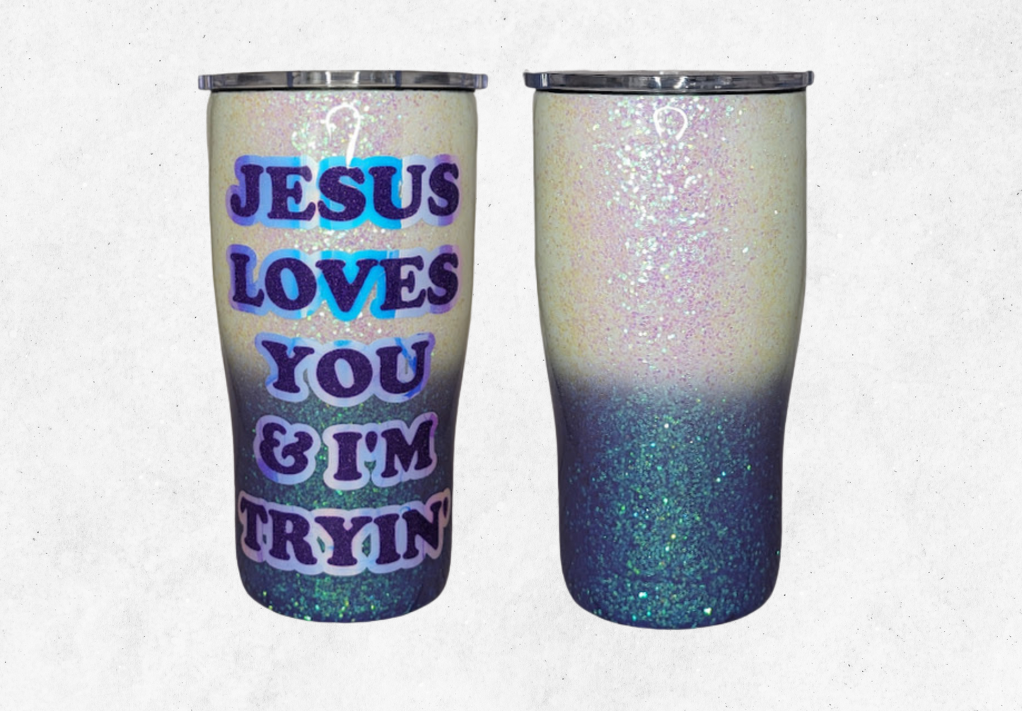 Jesus Loves You And I'm Tryin 20oz White and Purple Glitter Tumbler