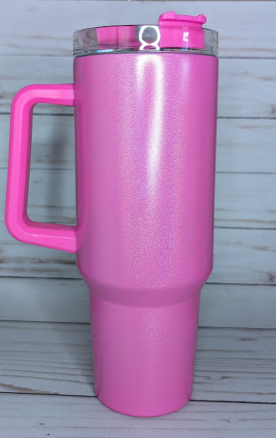 40oz Bright Pink Shimmer Tumbler With Handle
