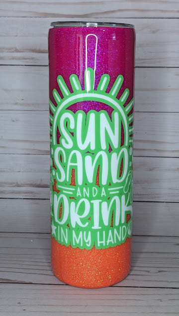 Sun, Sand, And A Drink In My Hand 30oz Pink and Orange Glitter Tumbler