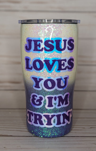 Jesus Loves You And I'm Tryin 20oz White and Purple Glitter Tumbler