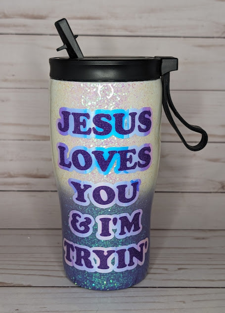 Jesus Loves You And I'm Tryin 20oz White and Purple Glitter Tumbler