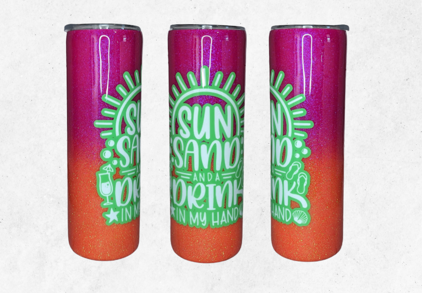 Sun, Sand, And A Drink In My Hand 30oz Pink and Orange Glitter Tumbler