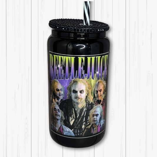 16oz Black Glass Halloween Tumbler With Rhinestone Lid