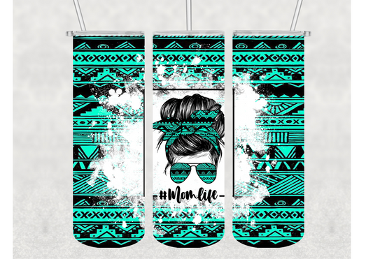 Mom Life Teal Aztec Print Insulated Stainless Steel Tumbler