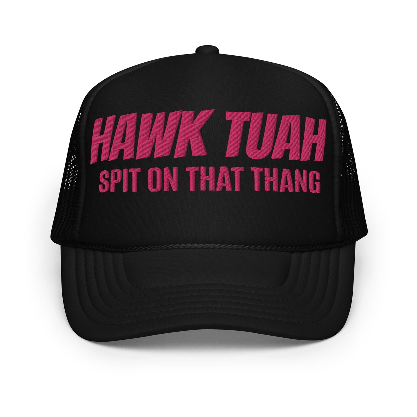 Hawk Tuah Black and Pink Unisex Embroidered Foam Trucker Hat