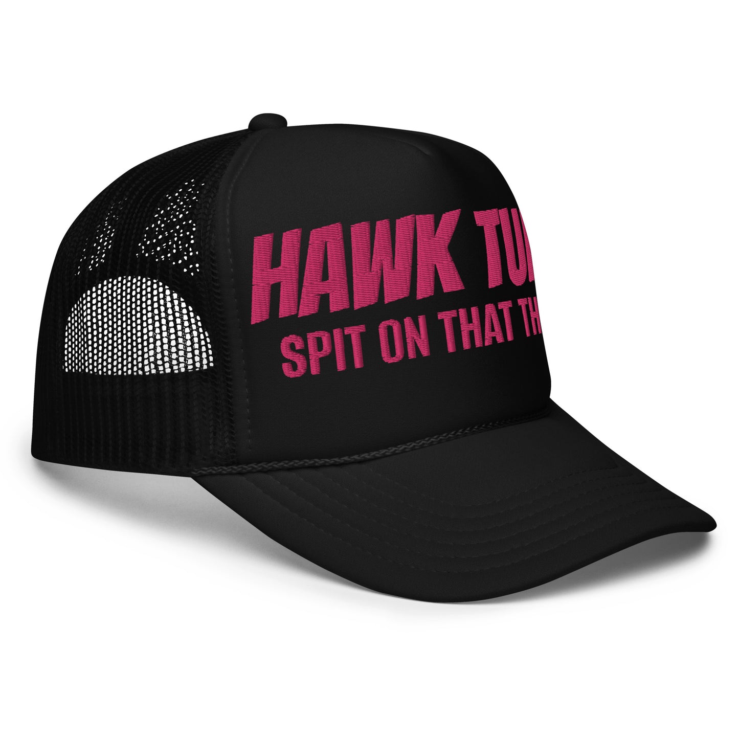 Hawk Tuah Black and Pink Unisex Embroidered Foam Trucker Hat