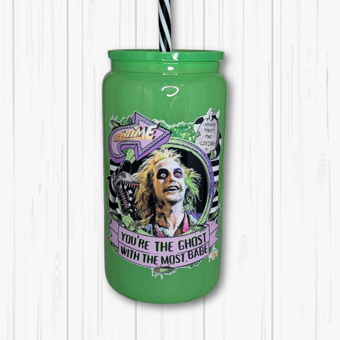 16oz Neon Green Glass Ghost With The Most Halloween Tumbler